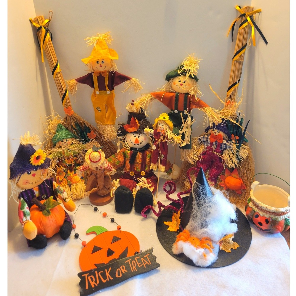 Lot of Vtg Halloween Fall Decor Whimsical Scarecrows Pumpkin Witch Hat Brooms